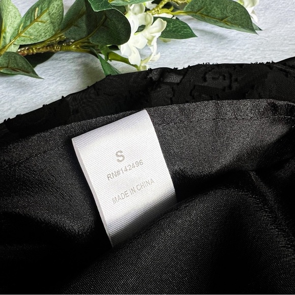 Women’s Black Sheer Embroidered Mini Dress Ruffle Hem Long Sleeve Button Up - Picture 14 of 15